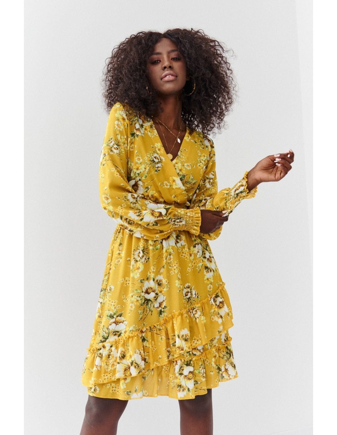 Airy dress with a mustard floral print FG637 - Online store - Boutique